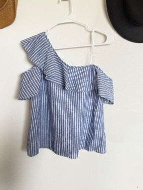 Madewell Blue and White Striped One-Shoulder Ruffle Blouse